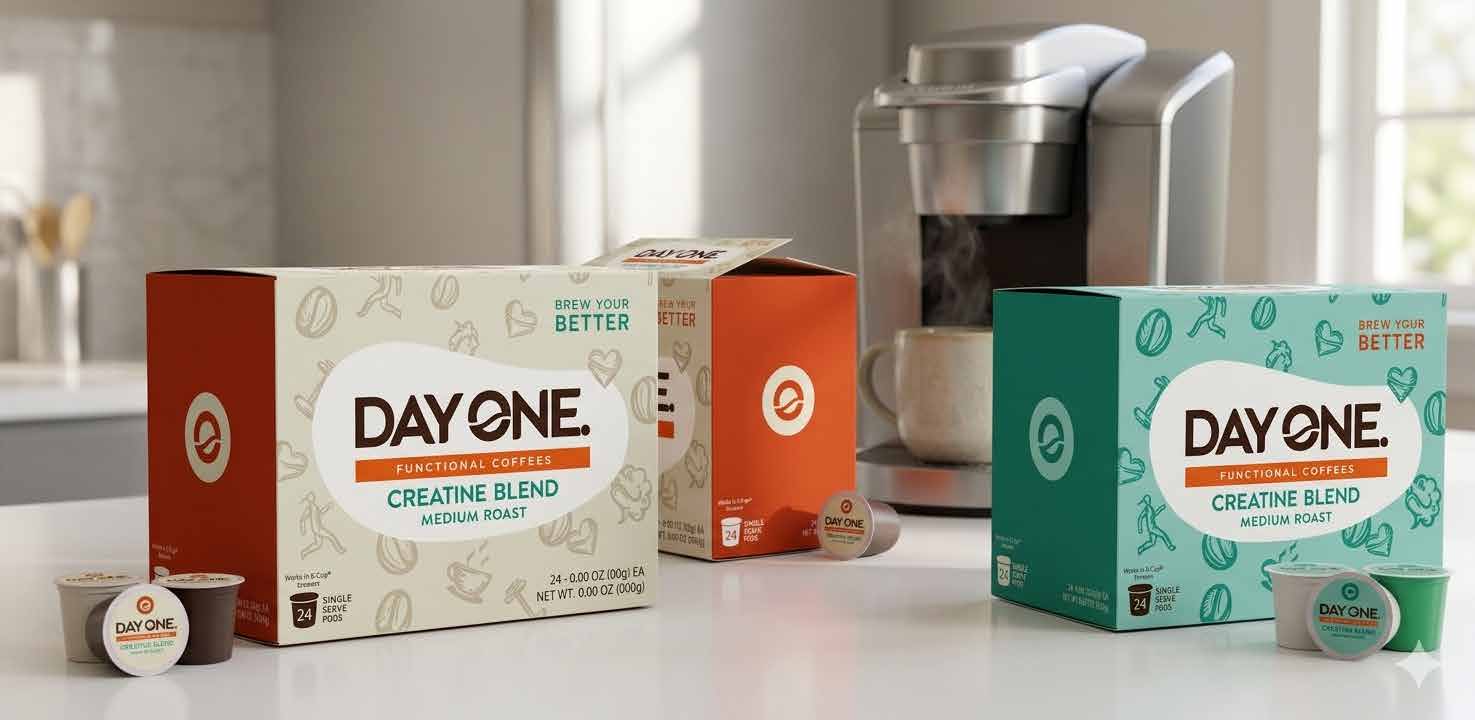 Day One Creatine Coffee K-Cups — three flavor blends with a Keurig brewer